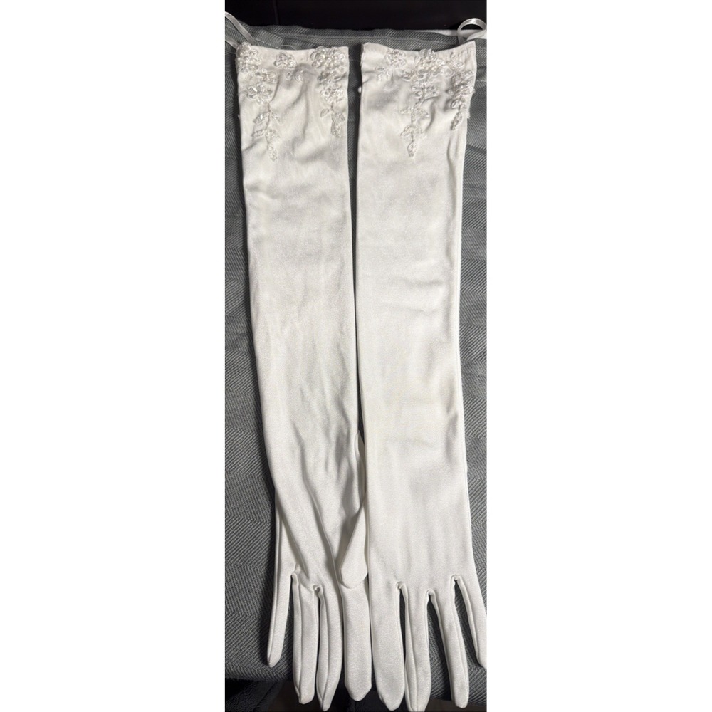 Vintage 23in Long White Wedding Special Occasion Beaded Gloves (442)